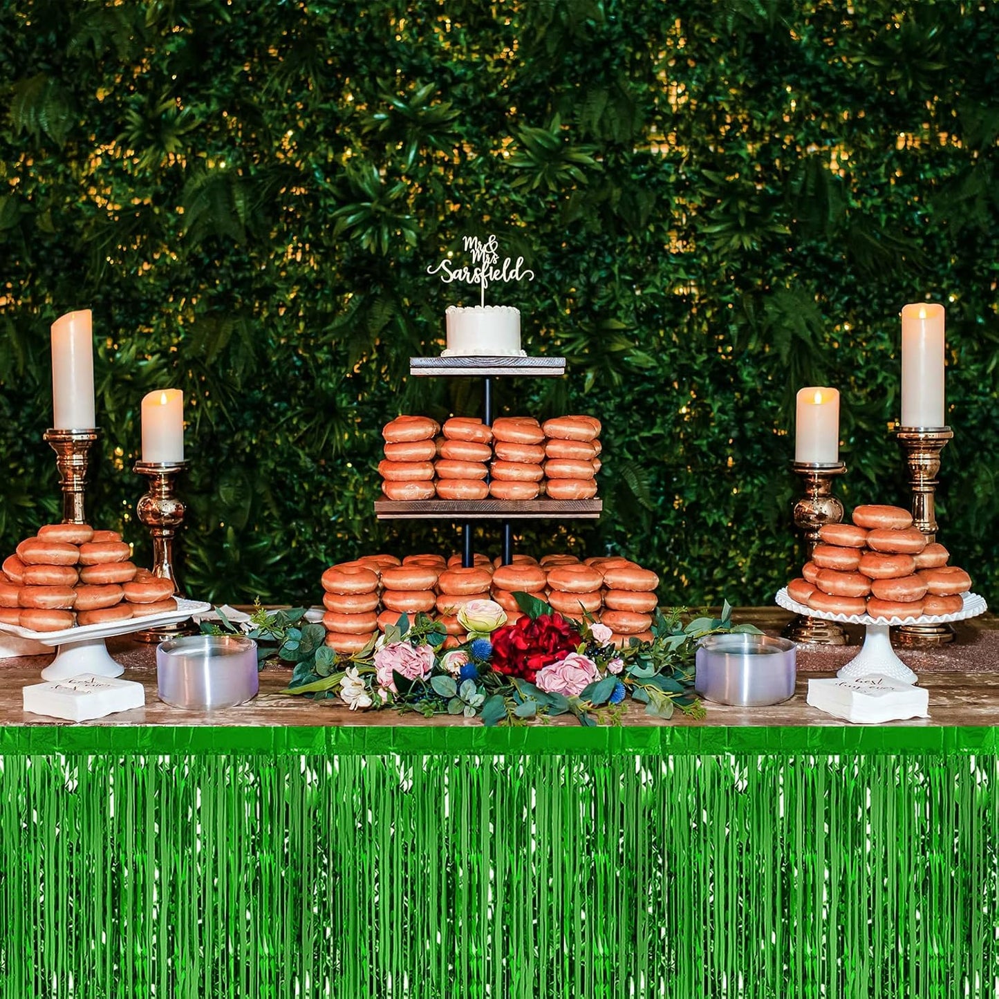 6 Pack 29x108 Inch Green Metallic Foil Fringe Table Skirts Banner for Tinsel Streamer Garland Curtains Backdrop for Parade Floats Wedding Baby Shower Birthday Christmas Halloween Party Decoration