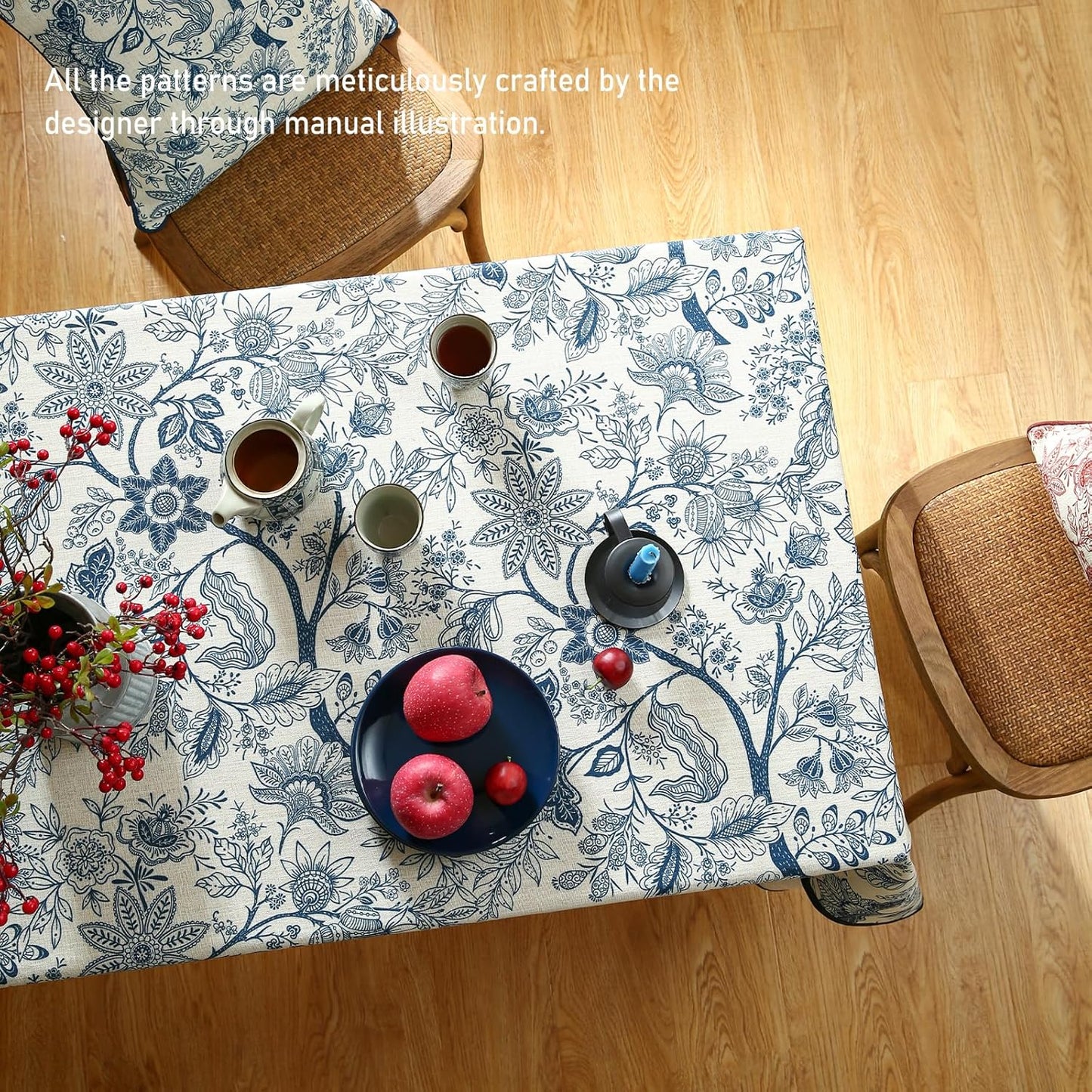ISAENNE Designer French Linen Long Rectangle Tablecloth,Blue Floral Washable Indoor Table Cloth,Durable Home Decor Tablecloths for Dining Thanksgiving Kitchen Party Christmas,63"*94"-Ruyi B