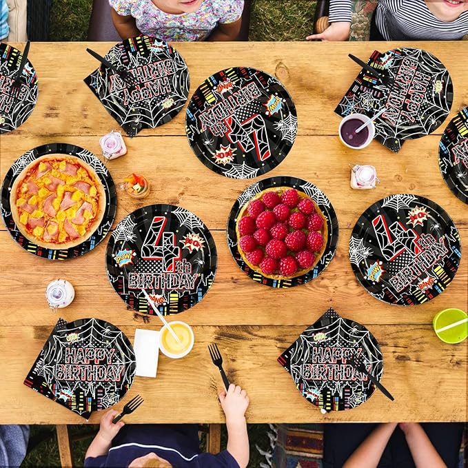 96 Pcs Spider 4th Birthday Party Supplies Black Spider 4th Birthday Plates Disposable Cartoon Super Theme Hero Paper Tableware Set for Boys Kids Spider 4 Year Old Party Decorations Serves 24