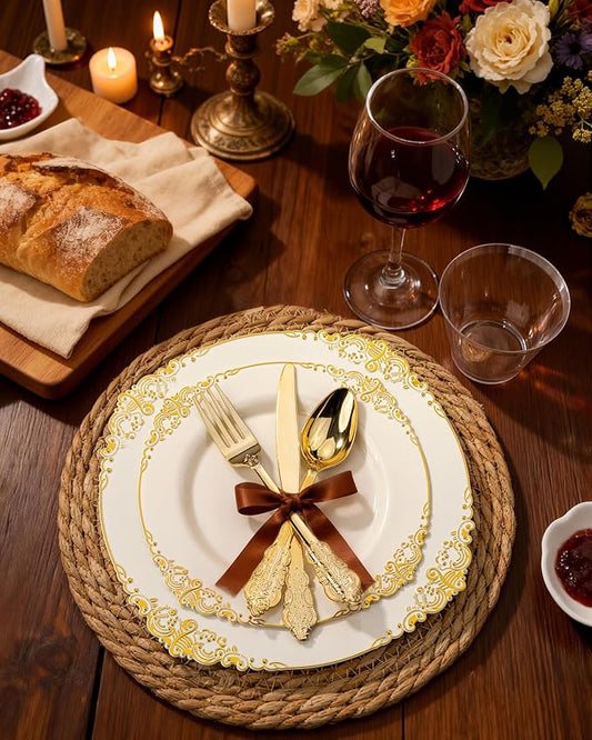 Nervure 100PCS Ivory Plastic Plates - 10.25inch Ivory and Gold Disposable Plates - Heavyweight Dinner Plate for Wedding & Party