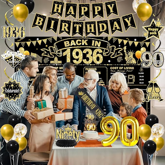 90th Birthday Decorations for Men, Black Gold Back in 1936 Party Supplies Kit with Banner, Backdrop, Sash, Balloons, Cake Topper & Honeycomb Centerpieces, Happy 90 Year Old Birthday Decorations