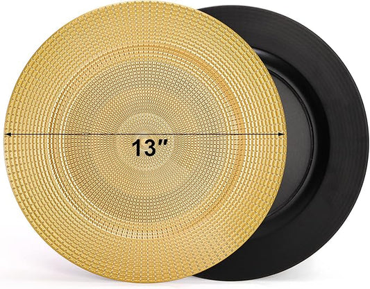 Hiceeden 12 Pack Gold Charger Plates for Dinner Plates, 13" Round Plastic Chain Shaped Charger Service Plates, Decorative Chargers Bulk for Table Setting, Wedding, Party, Event