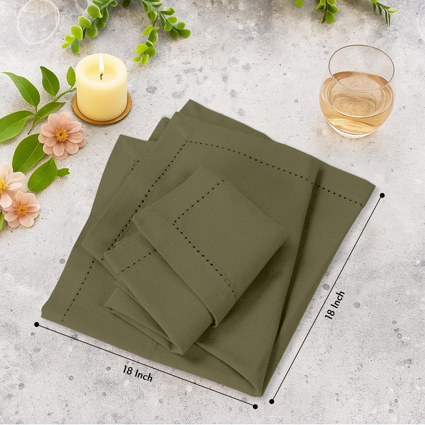 Ruvanti Cloth Napkins - 100% Cotton Dinner Napkins, Hem Stitched Corners, 18x18 Inch, 12 Pack - Soft, Absorbent, Durable, Reusable, Wrinkle Resistant for Formal Dining & Everyday Use - Capulet Olive