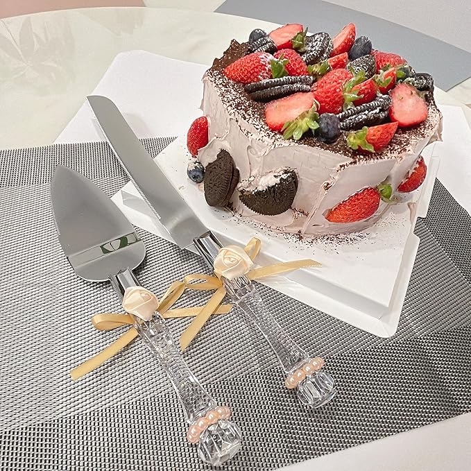 FISHBONE Rose Gold Cake Cutting Set for Wedding, Elegant Cake Knife and Server Set of 2, Perfect for the Bride and Groom, Cake Spatula for Party, Bridal Shower, Special Occasion