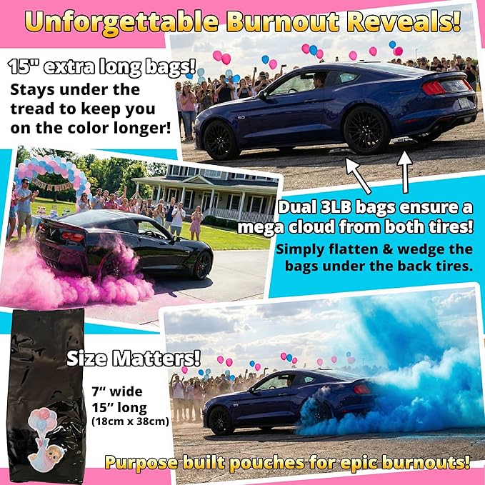 Gender Reveal Powder – 6 lbs, Blackout Bags, Vibrant Pink & Blue Powder for Tire Burnout Color, Exhaust Smoke & Shooting Targets. Baby Boy or Girl Party Kit, 2 x 3LB + Gender Reveal Idea Guide