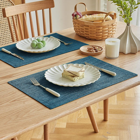 Softalker Faux Linen Placemats Set of 6-12 x 18 Inch, Heat Resistant Double Layered Durable Burlap Farmhouse Place Mats, Non-Slip Washable Rustic Table Mats for Dining, Kitchen, Party(Teal