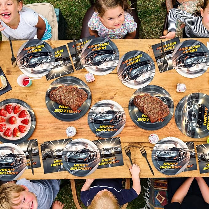 96PCS Race Car Party Paper Plates and Napkins and Forks Set for Hot Car Theme Wheel Racing Party Paper Plates Disposable Decor Race Track Parties Set for Kids Birthday Gatherings Decorations