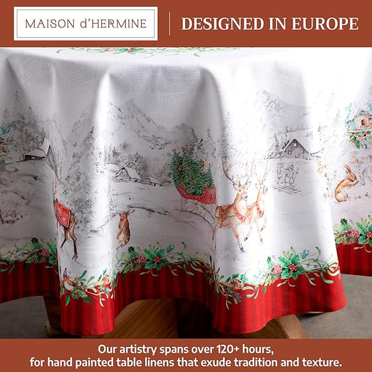 Maison d' Hermine Table Cloth Round Table 100% Cotton 69 Inches Fall Tablecloth Reusable Everyday Use for Thanksgiving Christmas Decorations Dining Farmhouse Party (Christmas Tradition)