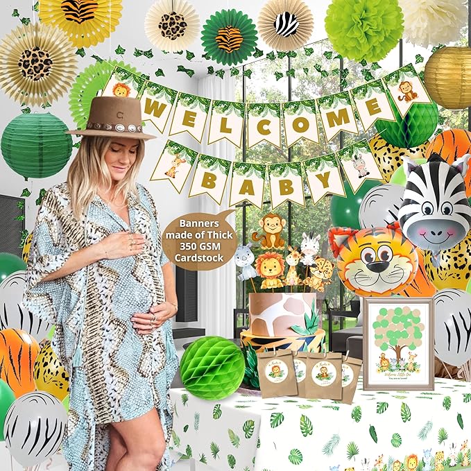 207 Pcs Safari Baby Shower Decorations for Boy Jungle Theme Baby Shower Decor - Banner, Animal Cutouts, Balloons, Paper Decorations, Guest Book, Leaves, Games, Sash