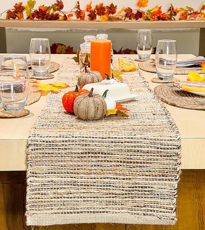 Chardin home Natural Jute Table Runner 13x90 Inch – Vintage Boho Rustic Table Decor – Handwoven Table Runner in Natural Jute and Brown – Farmhouse Dining or Console Table Accent