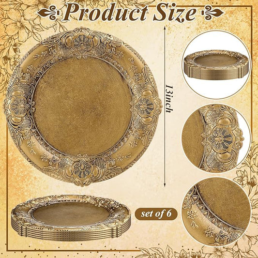 Mifoci Antique Gold Charger Plates Set of 6 Plastic Gold Chargers for Dinner Plates Decorative 13" Round Plate Bulk with Embossed Rim for Dinner, Party, Wedding