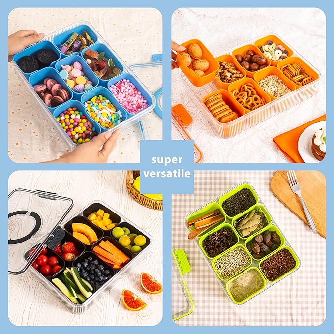 Patent Design Ribbed Snackle Box Container Divided Serving Tray with Lid and Handle -Charcuterie Container Portable Storage Organizer for Candy, Fruit, Beach, Picnics(1 pcs, Cerulean)
