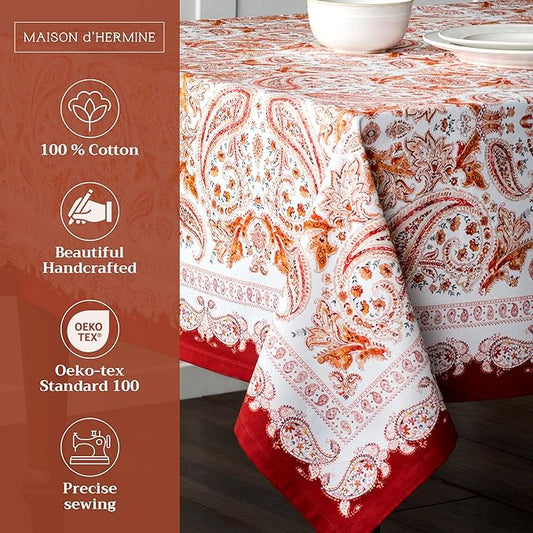 Maison d' Hermine Table Cloth Square Table 100% Cotton 60 x 60 Inches Fall Tablecloth Reusable Everyday Use for Thanksgiving Christmas Decorations Dining Farmhouse Party (Orient)
