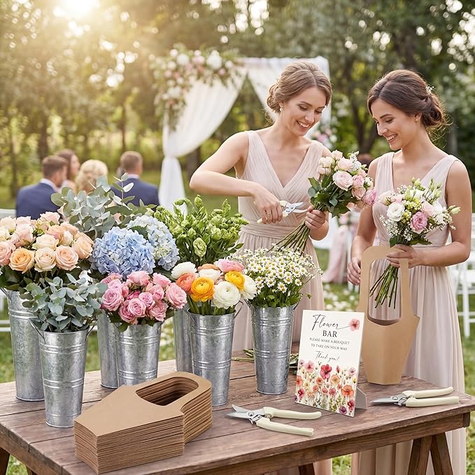 LEIFIDE 39 Pcs Flower Bar Buckets Set Kit Bloom Bar Supplies Include Wood Sign Gift Bags Iron Bucket Garden Flower Shears for Valentine Days Wedding Bridal Shower Table Centerpieces (Silver)