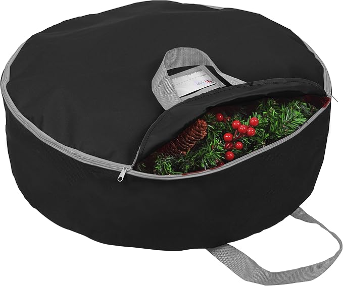 Primode Christmas Wreath Storage Bag 36" - 2 Pack Artificial Wreath Container - Garland Holiday Xmas Wreaths Holder - Sturdy Handles - Inner Straps - Card Slot Zipper Strong Oxford (36 Inch, Black)