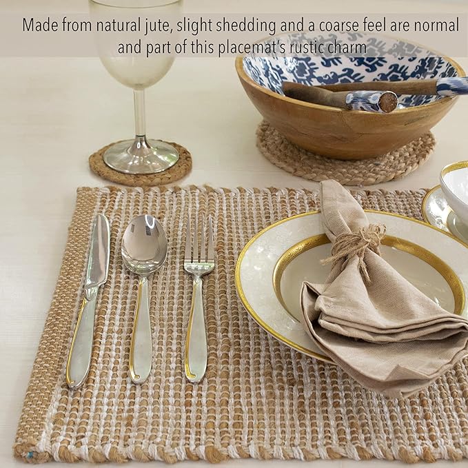 Chardin Home Natural Jute and Ivory Placemats, Set of 4 – Rustic Handmade Boho Table Mats, 13x19 Inch Dining Table Placemats for Kitchen, Everyday Meals, Holidays, Farmhouse or Modern Table Décor