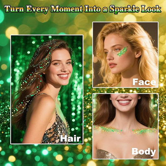 MEICOLY Gold and Green Face Glitter,Holographic Gold Hair Accessories,Sparkle Self-Adhesive Halloween Body Glitter Makeup for Mardi Gras Carnival Festival Party,St Patricks Day Accessories