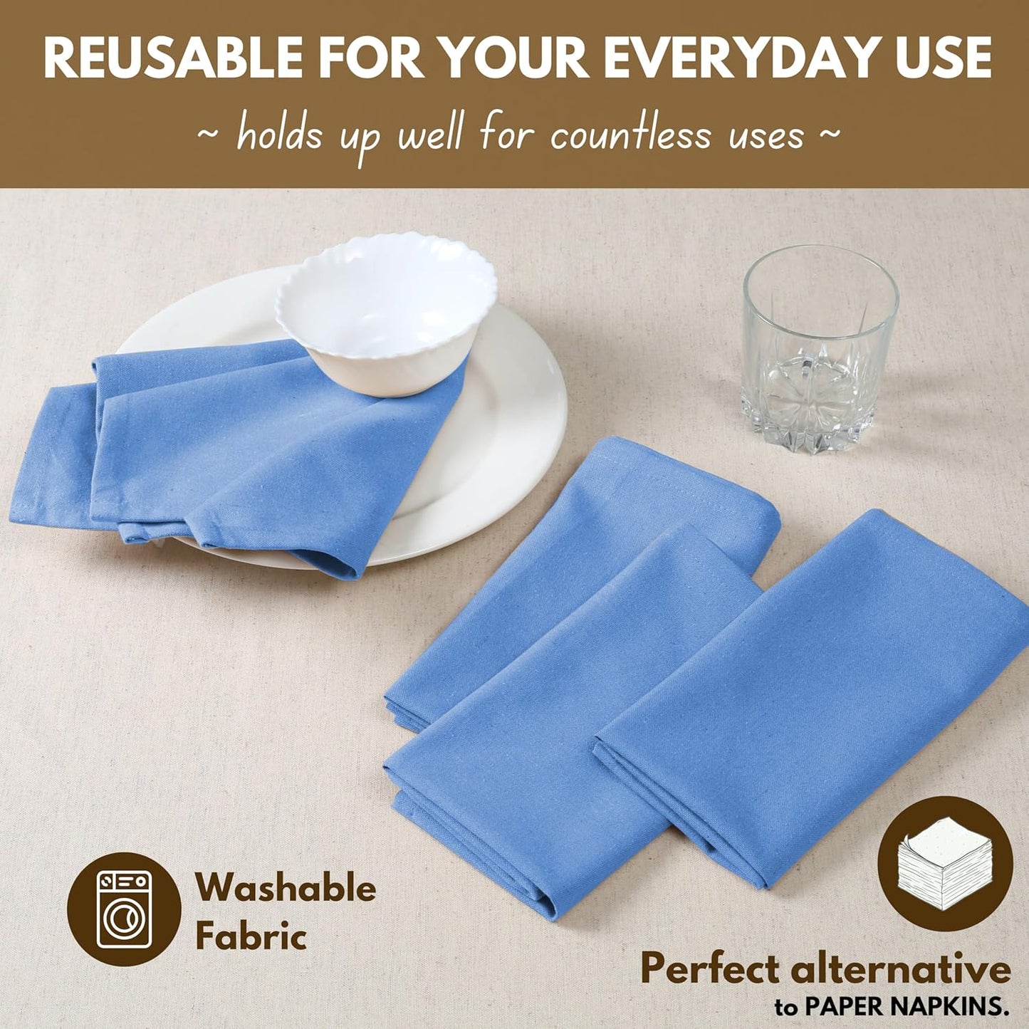 Native Fab Cloth Dinner Napkins, Set of 12, 17"x17", Soft, Absorbent, 100% Cotton, Restaurant Hotel Quality - Cocktail Napkins, Wedding, Dinner Napkins - Everyday Use, Easy Care Washable - Sky Blue