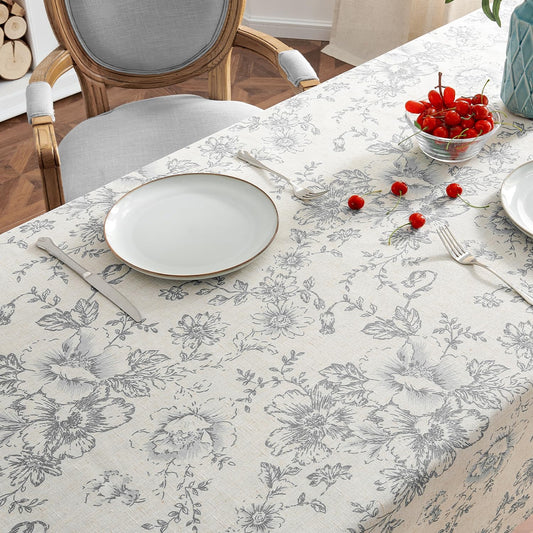 jinchan Linen Table Cloth 52 x 52 Inch with Gray Flower Print Farmhouse Beige Linen Blend Cloth for Square Dining Table Washable Cottage Table Cover Home Decor 1 Panel Floral Grey on Beige