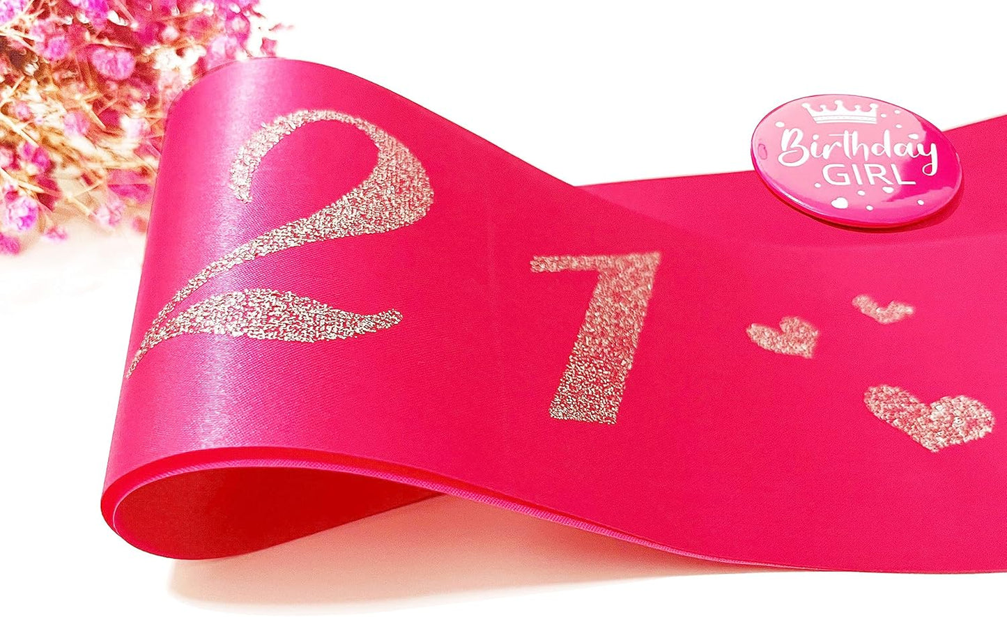 21st Birthday Sash, Hot Pink Satin Soft Sashes with Silver Glitter Letter, Birthday Decorations for Girls, Happy 21st Birthday Party Favor Supplies,hot Pink