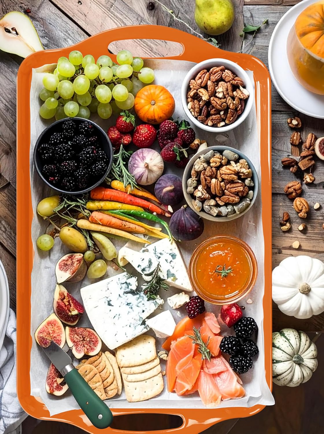 Extra Large Fall Serving Tray with Handles, 19''x11.6'' Melamine Platters, Rectangular Trays for Serving Food, Turkey, Cookie, Cupcakes, Desserts, Dishwasher Safe, BPA-Free, Set of 2