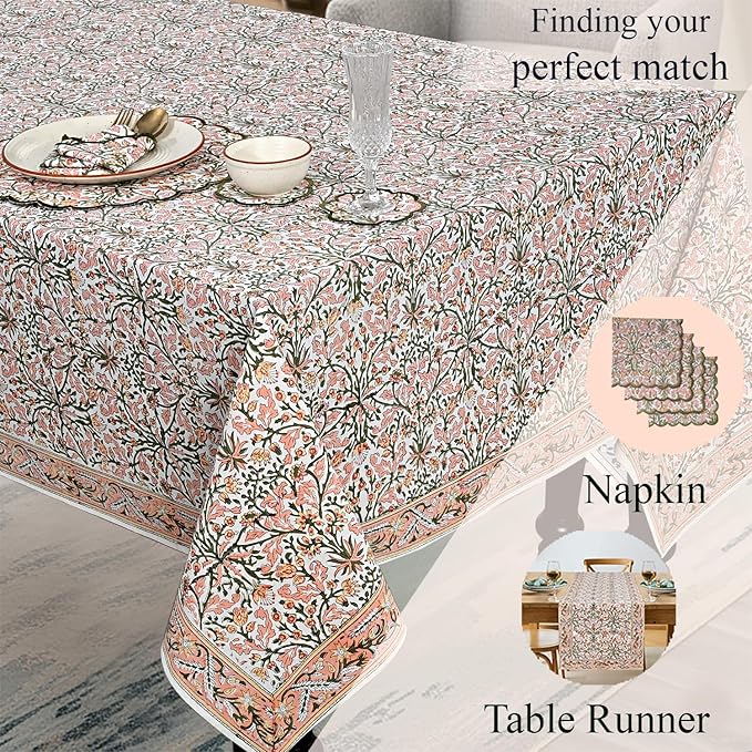 Ridhi Sassy Salmon and Emerald Green Hand Block Print Cotton Cloth Dinning Table Cover Wedding Farmhouse Thanksgiving Christmas Spring Fall Tablecloth 4 Seater 60x60 Inches Square