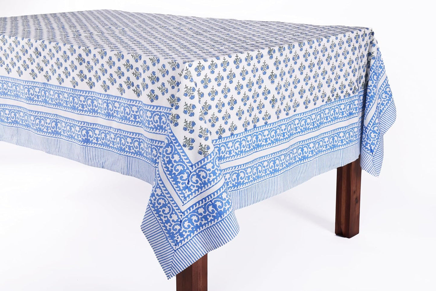 ATOSII Gulbahar Blue 100% Cotton Fall Rectangle Tablecloth, Hand Block Print Washable Table Cover, Christmas Parties Buffet Dining, Weddings, Thanksgiving Easter Home Decor, 60 X 90 Inches 6 Seater