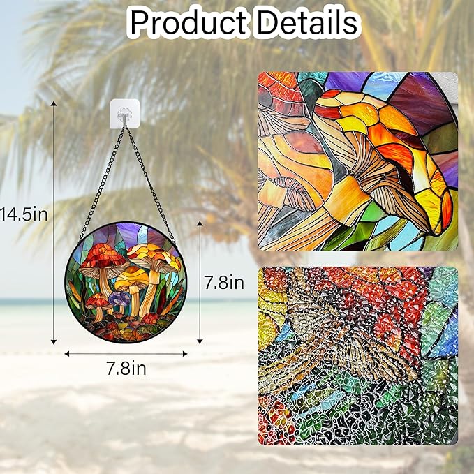 Stained Glass Window Hanging, Jungle Mushrooms Sun Catchers Diamond Glass Panel Hangings Plant Suncatcher Decor for Birthday for Women, Men, Wife, Aunt, and Mom 7.8 in