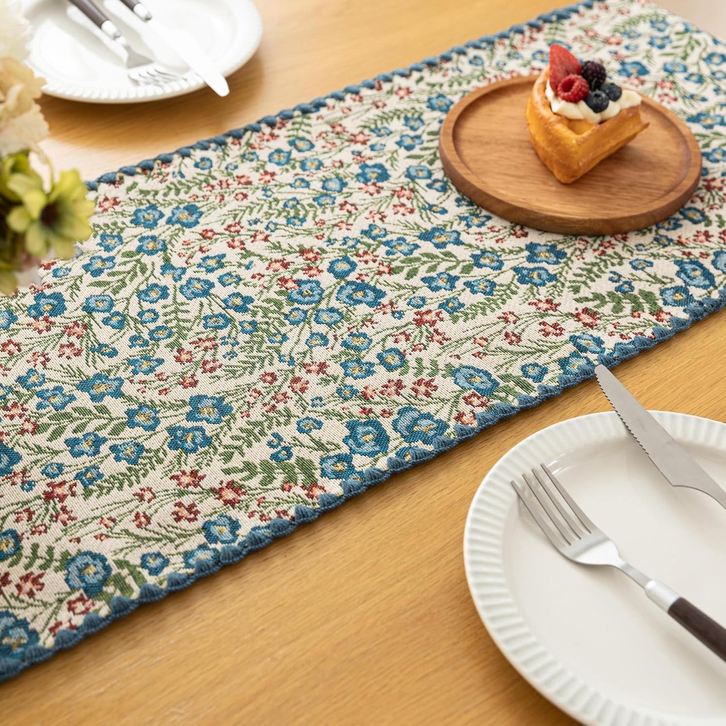 Boho Embroidery Table Runner, Flower Fall Kitchen Dining Table Decoration for Home Party Decor 13x48Inch