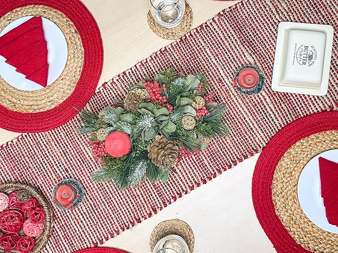 Chardin home Natural Jute Table Runner 13x72 Inch – Vintage Boho Rustic Table Decor – Handwoven Table Runner in Natural Jute and Red – Farmhouse Dining or Console Table Accent