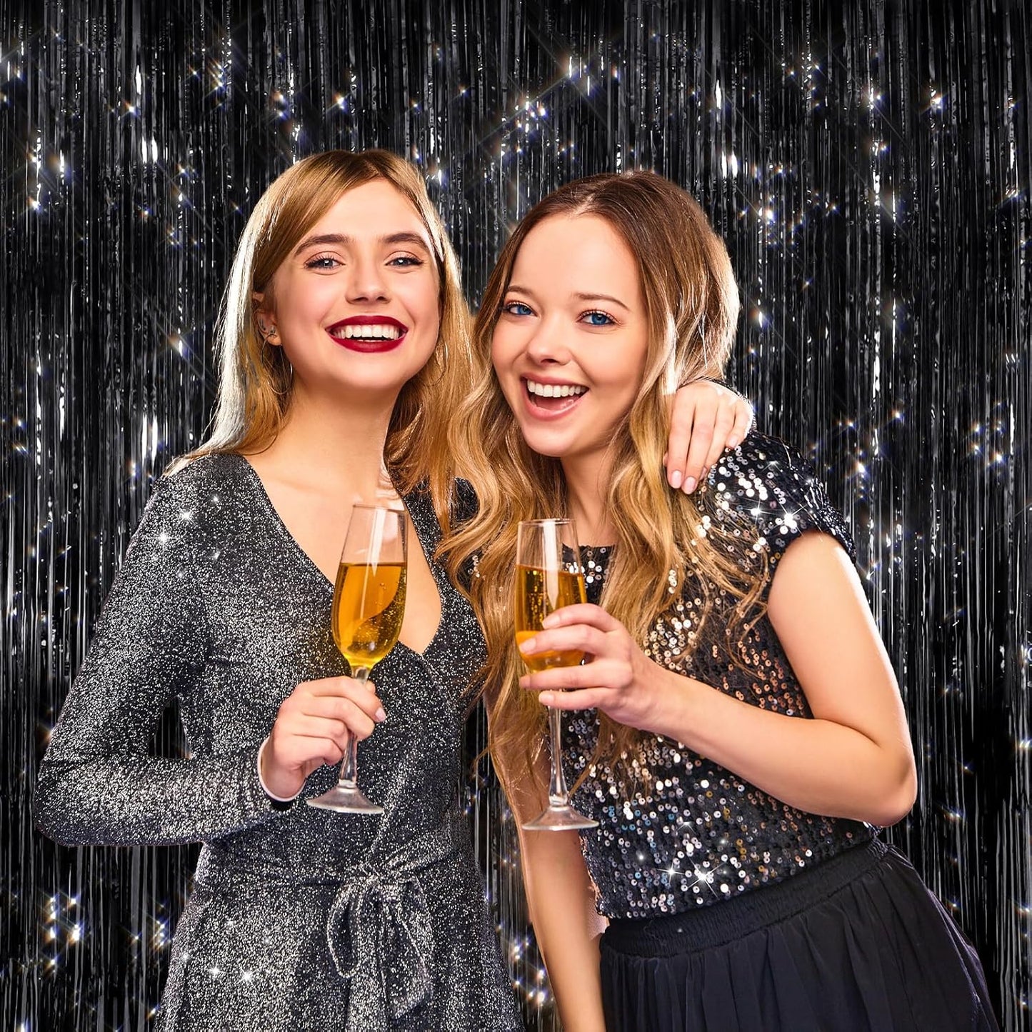 2 Pack Black Metallic Tinsel Foil Fringe Curtains, Door Streamers Photo Booth Backdrop for Birthday Party, Tinsel Curtain Backdrop for Baby Shower Bachelorette Christmas Party Decorations