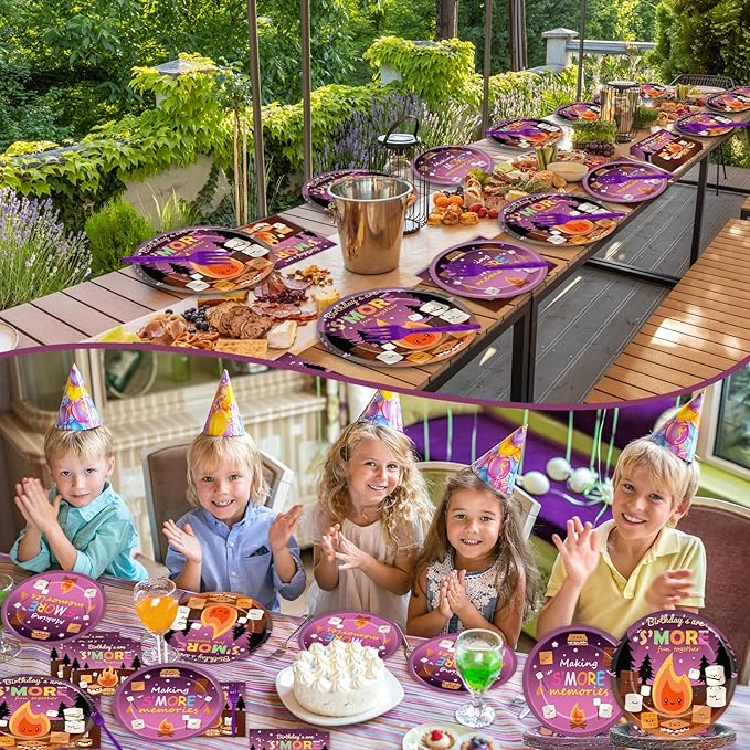 OBUSATT 96Pcs S'Mores Birthday Party Supplies - Smores Bonfire Birthday Paper Plates, Napkins, Marshmallows & Dinnerware for 24