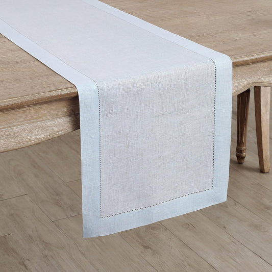 Solino Home Linen Light Blue Table Runner 90 Inches Long - 100% Pure Linen Hemstitch 14 x 90 Inch Table Runner for Dining - Classic Hemstitch