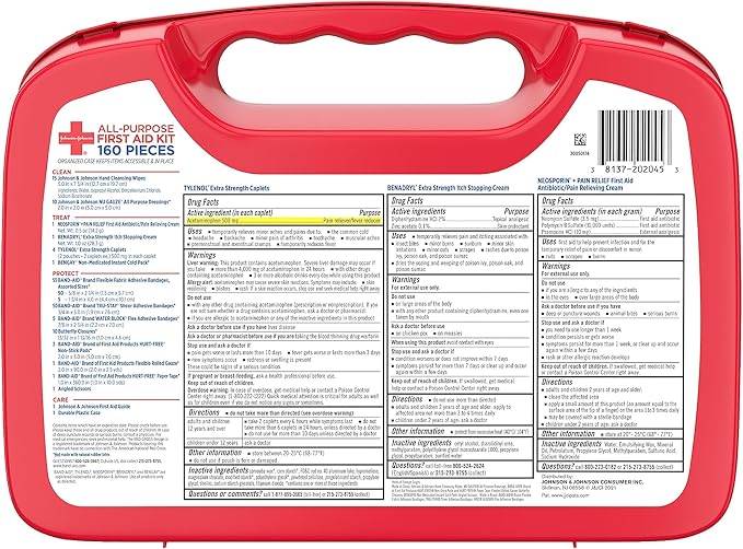 All-Purpose Portable Compact First Aid Kit for Minor Cuts, Scrapes, Sprains & Burns, Perfect for Home, Car, Travel, Camping Essentials & Outdoor Emergency Kit, 160 Pieces