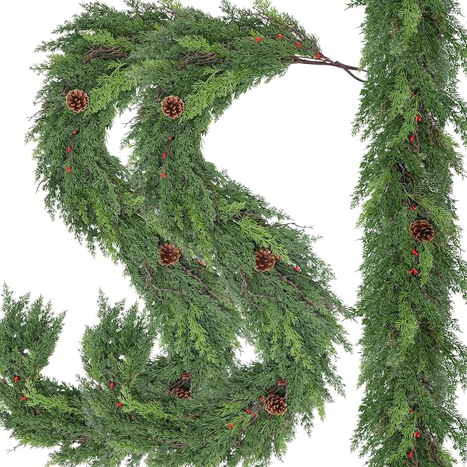 2 Pack 6FT Real Touch Christmas Garland with Pine Cone Artificial Realistic Faux Green Cedar Pine Garland,Thick and Lush, Lifelike Cedar Garland for Fireplace Indoor Outdoor Holiday Party Decoration
