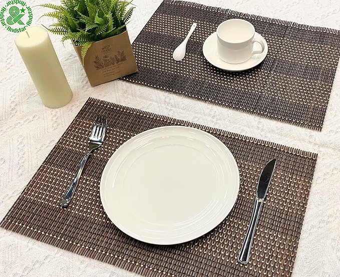 ANDSTAR Set of 8 Pcs Bamboo Placemats Natural Anti-Slip Bamboo Placemats Washable Heat-Resistant Table Mats for Dining Room and Kitchen(Coffee+White+Black)