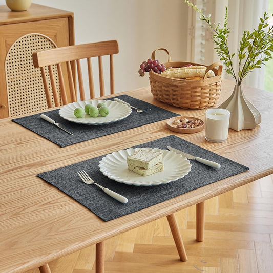 Softalker Faux Linen Placemats Set of 4-12 x 18 Inch, Heat Resistant Double Layered Durable Burlap Farmhouse Place Mats, Non-Slip Washable Rustic Table Mats for Dining, Kitchen, Party(Dark Grey