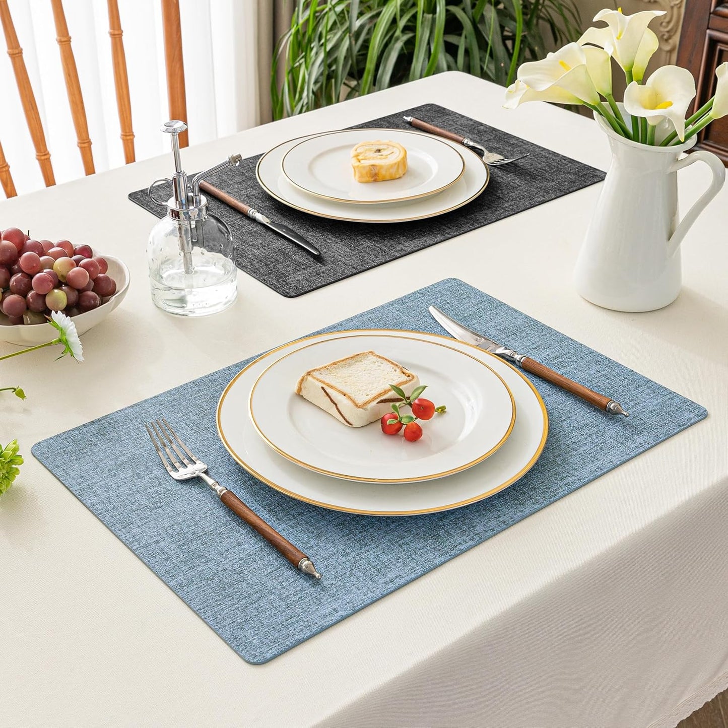 Romanstile Reversible Vinyl Placemats Set of 6, Faux Leather 100% Waterproof Oil-Proof Wipeable Place Mats, Heat Resistant Dual Sided Table Mats for Kitchen/Dining/Party (Grey Sky Blue, 12 x 17 Inch)