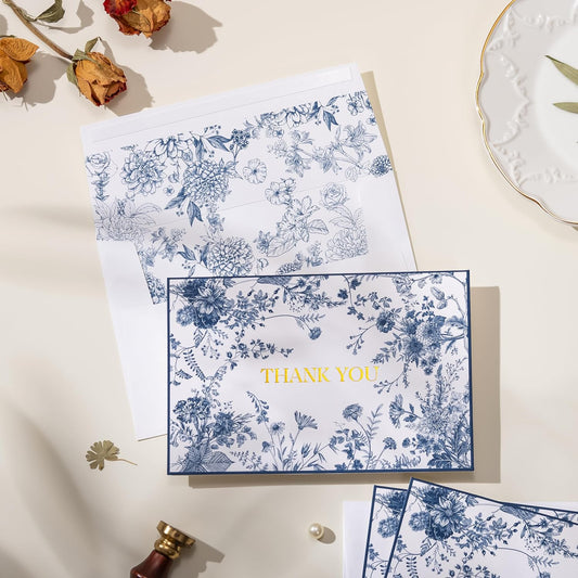 Crisky Navy Blue Floral Thank You Cards with Envelopes, 50 Pack Gold Foil Wildflower Greeting Notes Bulk for Birthday, Baby Shower, Bridal Shower, Wedding, Graduation