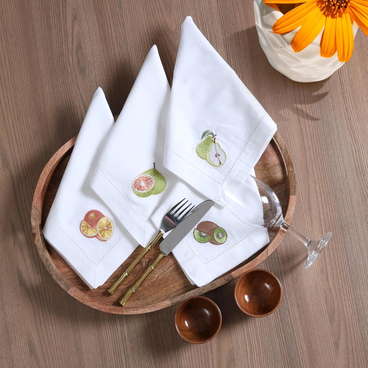 Bedding Craft Cotton Cloth Dinner Napkins Set of 12 – 18x18 Embroidered Motif with Hemstitched Design – Machine Washable Fabric Napkins for Weddings, Baby Showers, Christmas & Everyday Dining