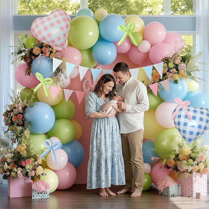 Pastel Balloon Arch Kit Double Stuffed Light Pink Blue Yellow Green Balloon Garland Gingham Heart Foil Balloons Striped Pennant Banner for Easter Baby Shower Birthday Gender Reveal Party Decorations