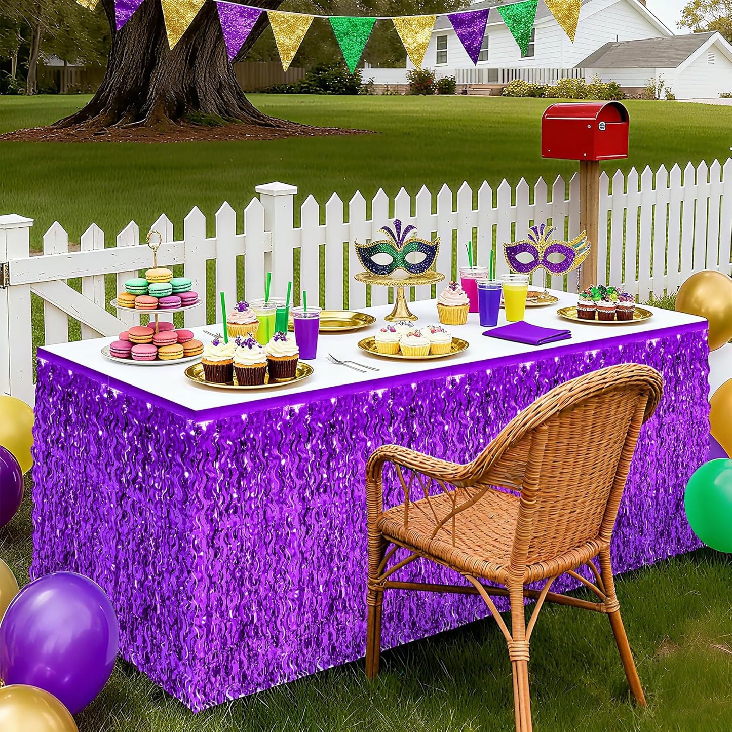Mardi Gras Table Skirt, 2 Pack Purple Foil Grass Table Skirt, Halloween Metallic Wavy Tinsel Foil Fringe Table Skirts, Table Skirts for Halloween Graduations Mardi Gras Parade Party Decor