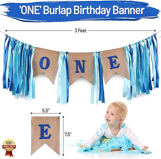 Baby 1st Birthday Boy Decorations with Crown - Baby Boy First Birthday Decorations High Chair Banner - Cake Smash Party Supplies - Happy Birthday ONE Burlap Banner, No.1 Silver and Blue Crown