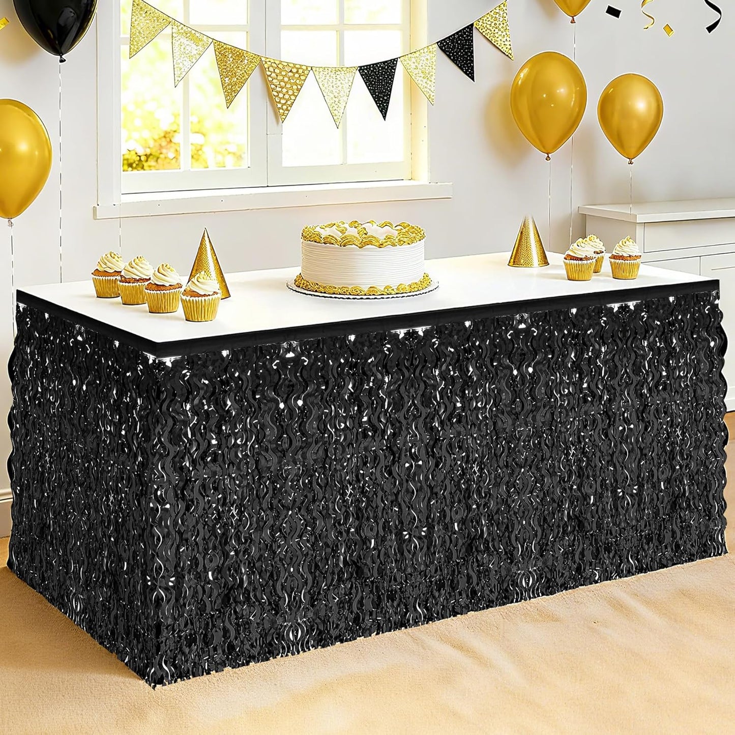 Halloween Table Skirt Decor, 2 Pack Black Foil Grass Desk Skirt, Metallic Wavy Tinsel Foil Fringe Table Skirts, Table Skirts for Graduations Halloween New Years Parade Party Decorations