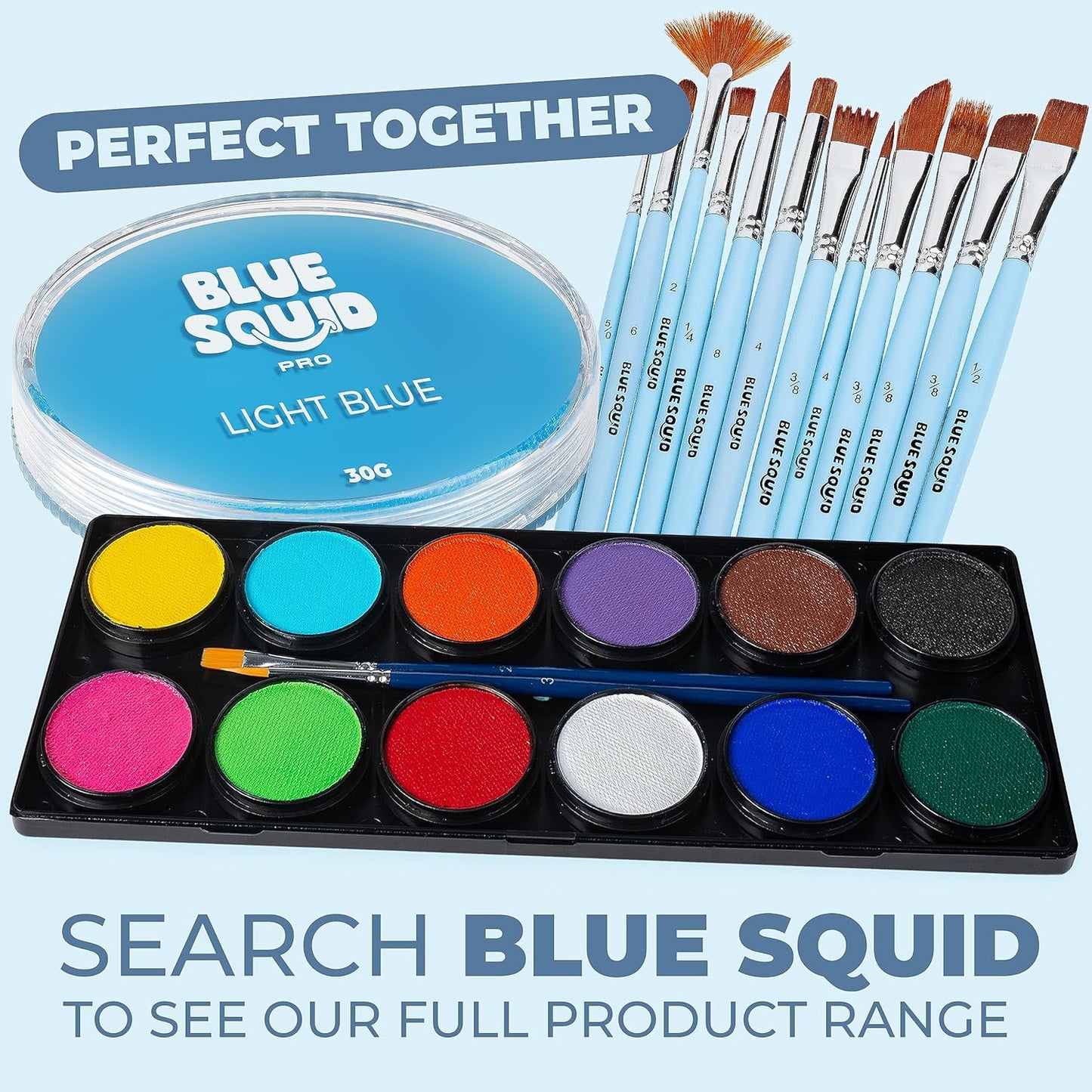 Blue Squid Face Paint Water Based Single Cake Professional Face Paint & Body Paint - Water Activated, Kids Adults Face Painting for Costume, Halloween Makeup, Cosplay - Light Blue Face Paint 30g