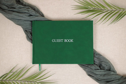 Embossed Guestbook - 11.5 x 8.5 Large Luxury Modern Cream Canvas Linen Embossed Hard Cover Guest Book for Wedding, Birthday & Events, Blank Pages (Emerald)