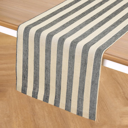 Solino Home Linen Table Runner 36 Inches - Sorrento Stripe 100% Pure Linen Black and Natural Farmhouse Table Runner 14 x 36 Inch Ideal for Dresser and Coffee Tables - Fall, Autumn, Thanksgiving