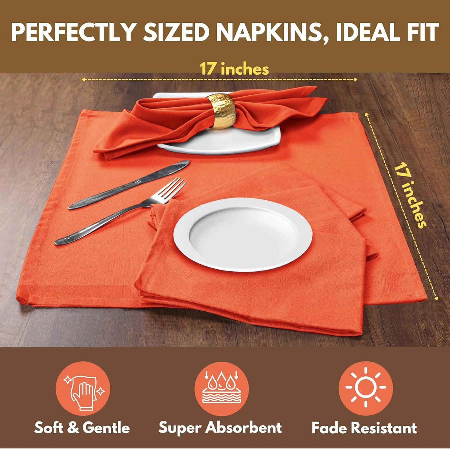 Native Fab Solid Cloth Napkin Set of 4, 100% Cotton, Washable, Reusable Dinner Cloth Napkin 17x17 inches, Table Decor Napkins for Dinner, Events, Orange