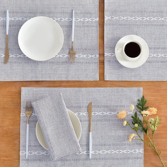 Wracra Cotton Linen Placemats, 14 x 19 Inch Set of 8 Placemats Rustic Hemstitch Place Mats for Kitchen Table and Heat Resistant-Hemstitch Grey