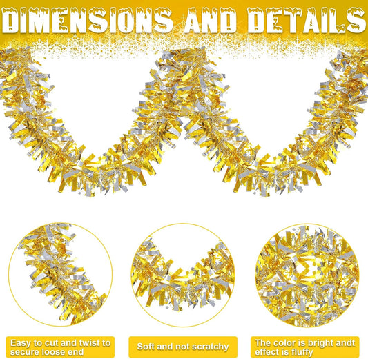 Sosation 100 ft Christmas Tinsel Garland Christmas Tree Twist Garland Bulk Glitter Metallic Streamer Indoor Outdoor Hanging Xmas Decorations(Gold Silver)